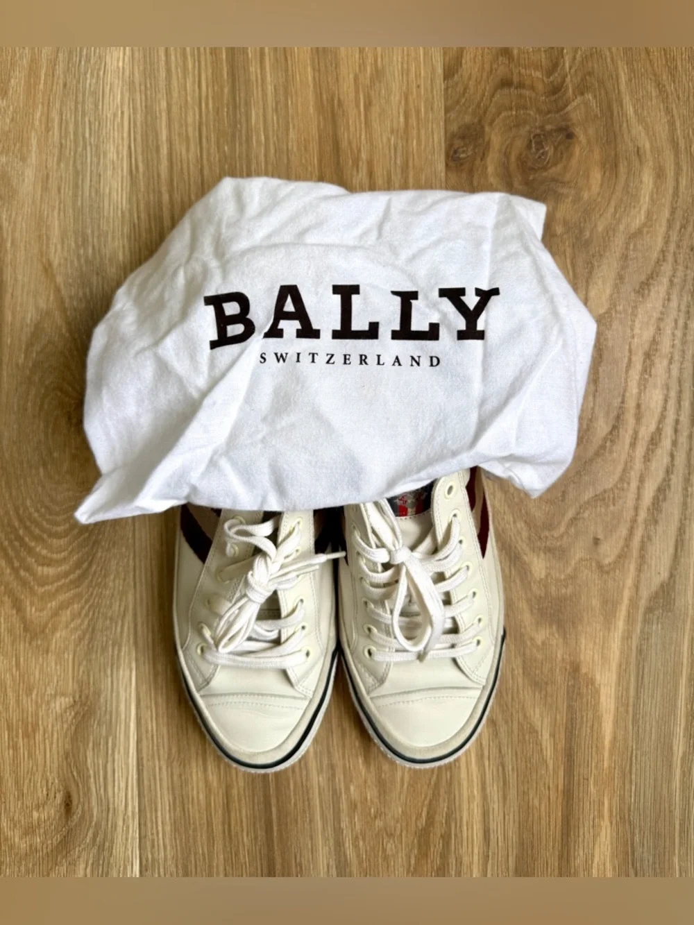 Bally Leather Low Top Sneakers Red Stripe Switzerland Size EU 8 / US 9